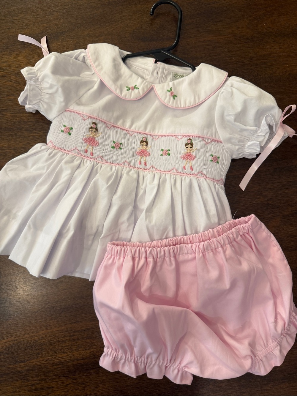 Embroidered Ballerina Smocked Set in White & Light Pink